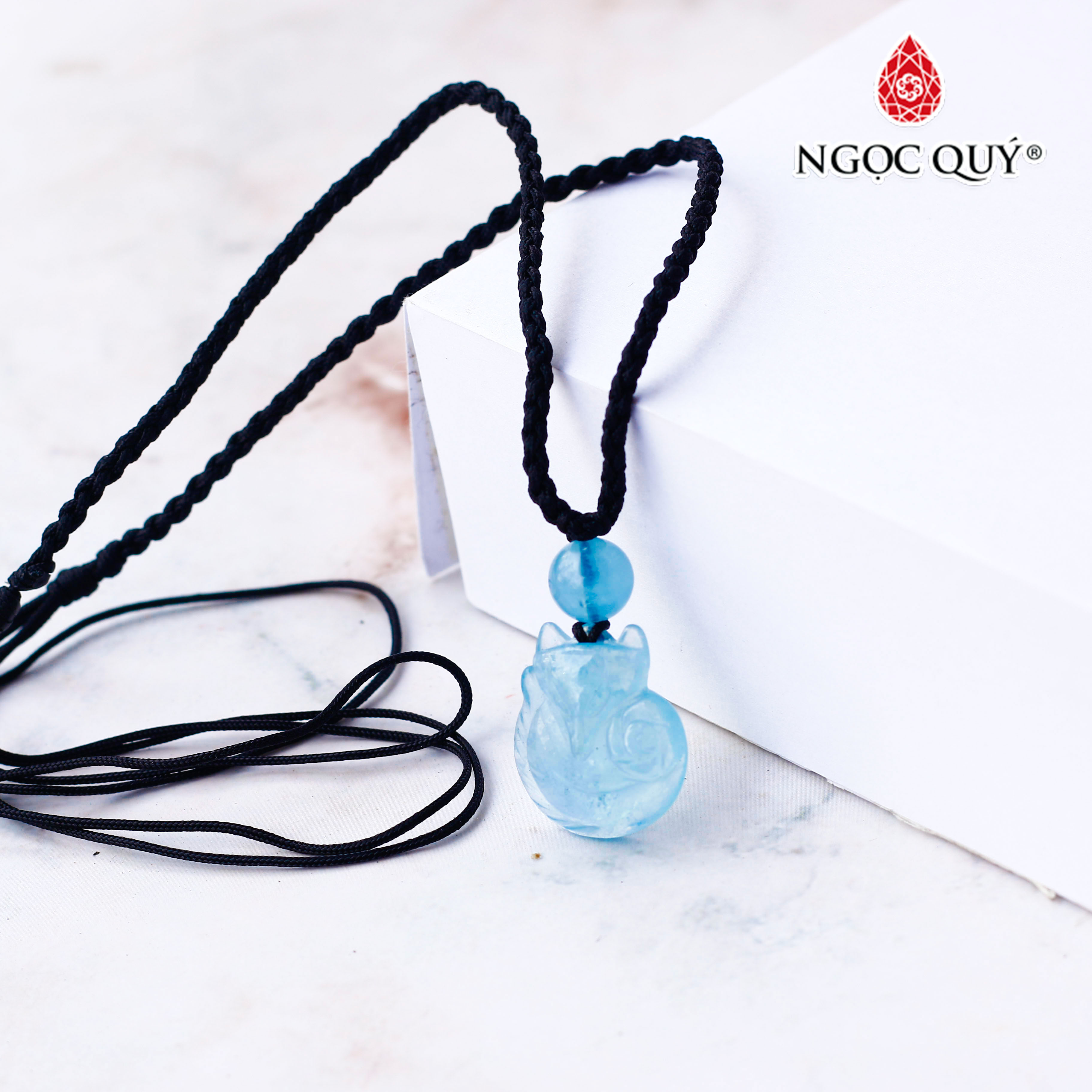 Mặt dây chuyền hồ ly 9 đuôi ngồi đá aquamarine hải lam ngọc - Ngọc Quý Gemstones