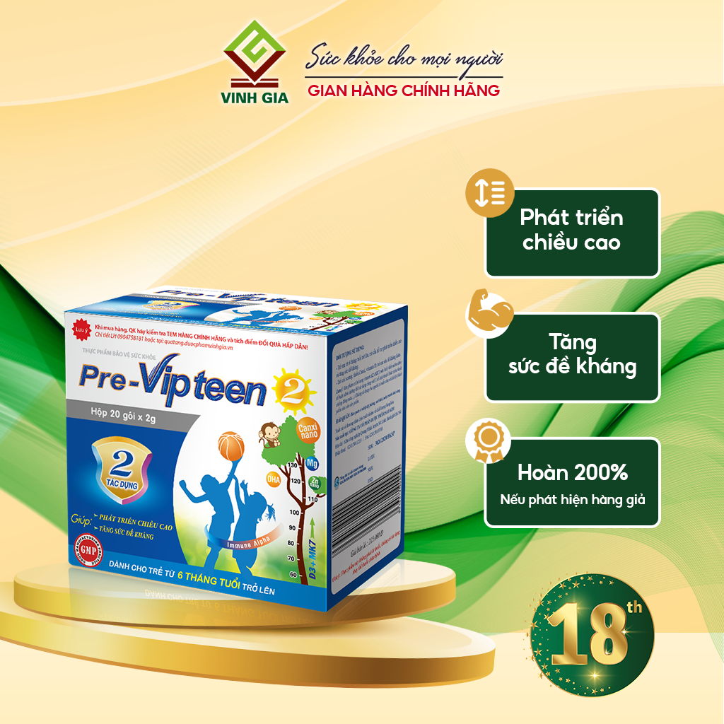 Cốm Pre-Vipteen 2 Bổ Sung Canxi Tăng Chiều Cao, Tăng Sức Đề Kháng Phát Triển Thể Lực Cho Trẻ Hộp 20 Gói