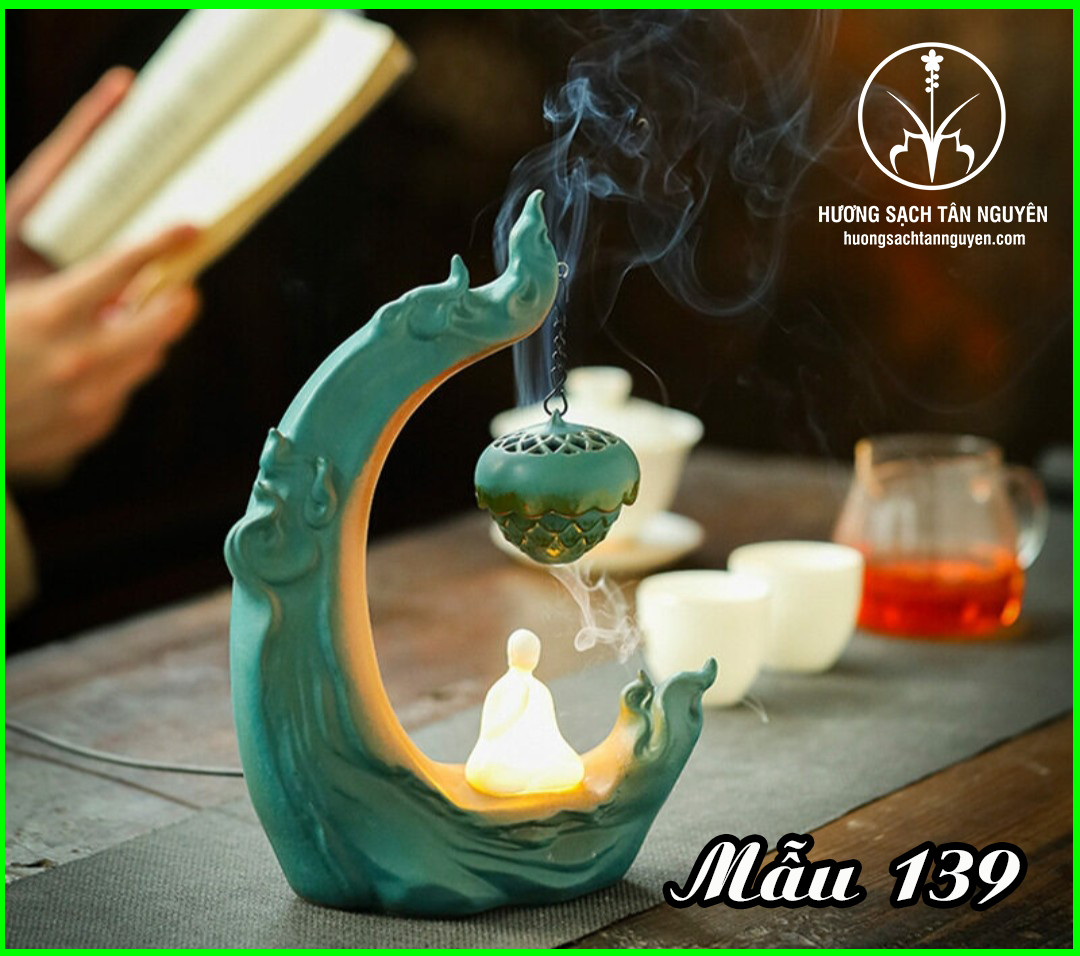 Thác khói trầm hương có đèn led Tân Nguyên, thác treo tỏa khói hương, Phật ngắm hoa sen CÓ ĐÈN SÁNG, Hướng thiên TK139