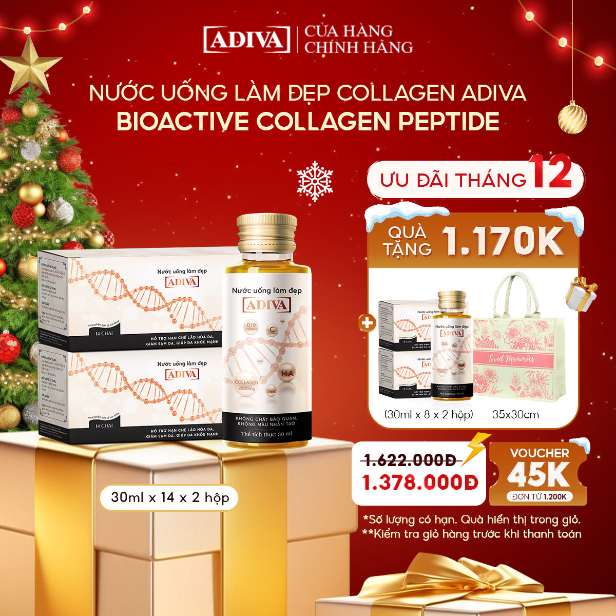 Combo 2 Hộp Nước Uống Làm Đẹp Collagen ADIVA - Giúp Làn Da Săn Chắc, Ảm Mịn Và Căng Bóng