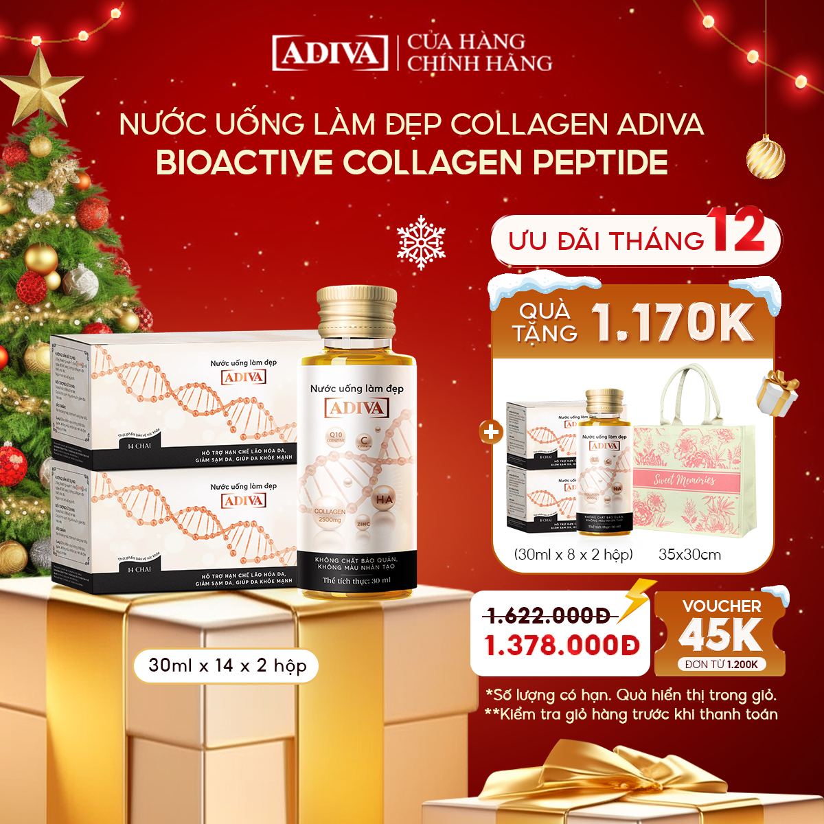 Combo 2 Hộp Nước Uống Làm Đẹp Collagen ADIVA (14Chai/ Hộp)- Giúp Làn Da Săn Chắc, Ảm Mịn Và Căng Bóng