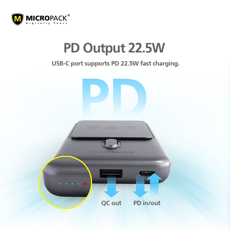 Pin Sạc Dự Phòng Không Dây MicroPack POWER WAVE III WPB-1015M Dung Lượng 10000mAh Công Suất PD 22.5W Không Dây 15W Hàng Chính Hãng