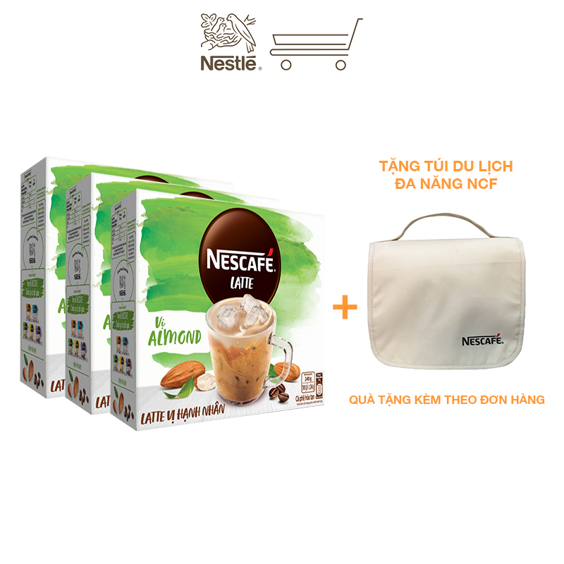 [Tặng túi du lịch đa năng] Combo 3 hộp cà phê hòa tan Nescafé Latte sữa hạt vị hạnh nhân (Hộp 10 gói x 24g)