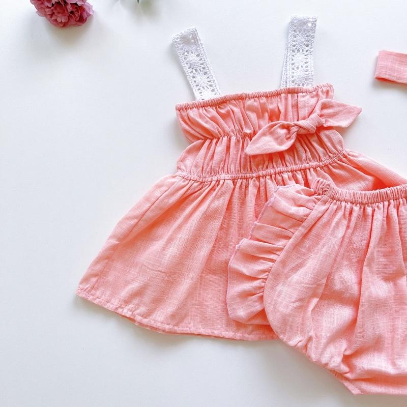 Sét Bộ Màu Hồng Phấn Bé Gái 3 Đến 12kg Chất Linen Bột Mềm Mát