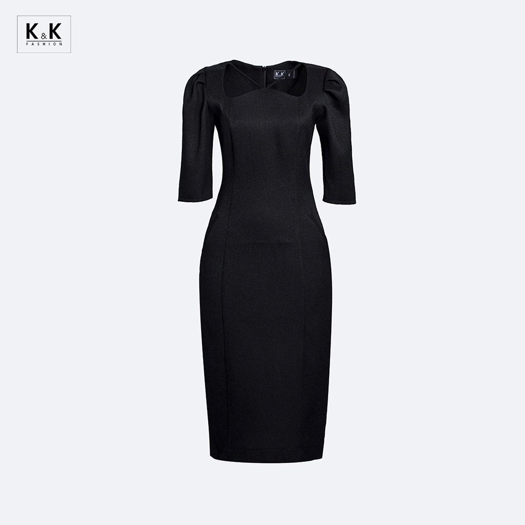 Đầm Đen Ôm Body Tay Lỡ Cổ Tim K&amp;K Fashion KK140-24 Chất Liệu Cát Thái