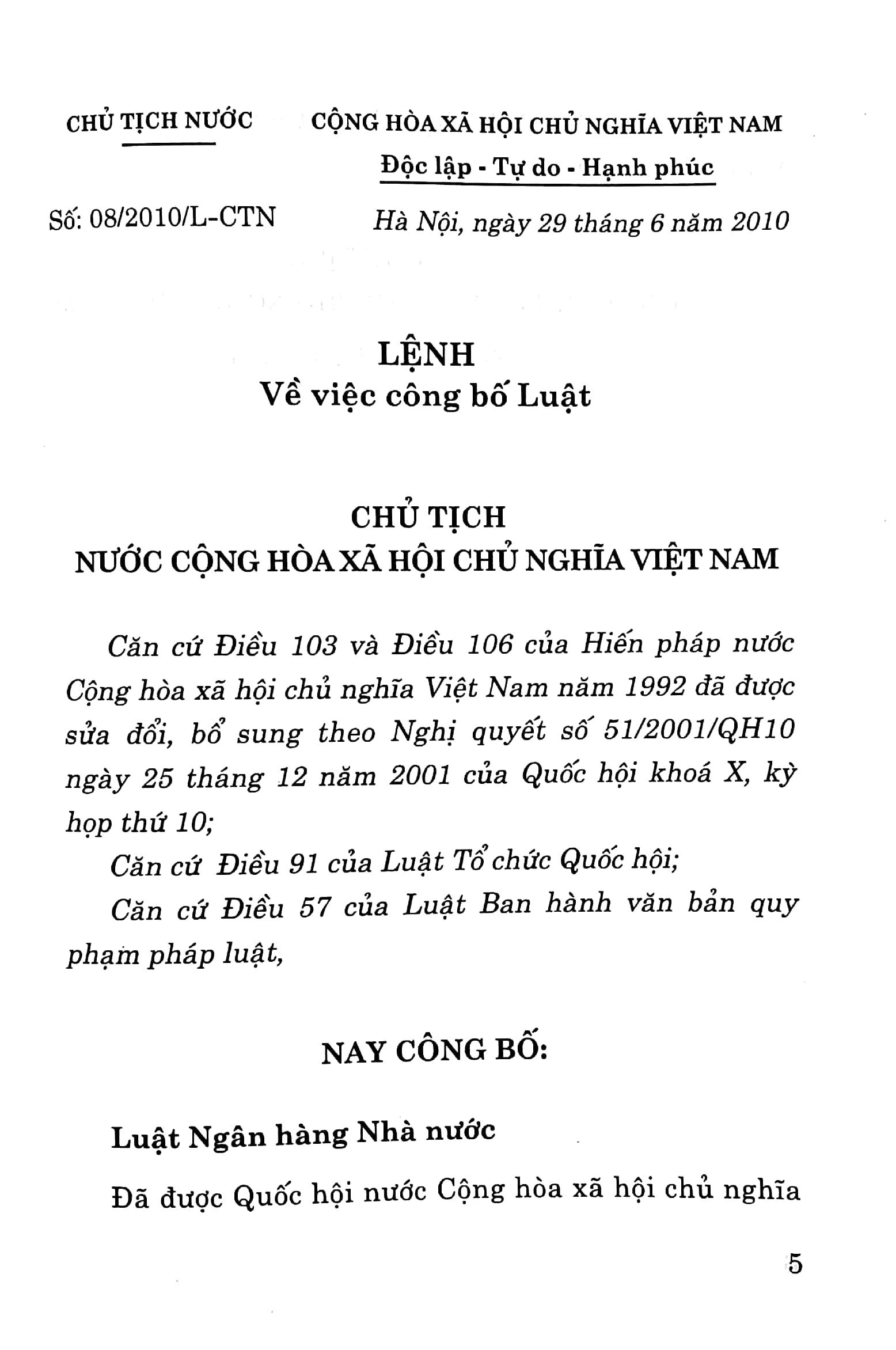 Luật Ngân Hàng Nhà Nước Việt Nam (Hiện Hành)