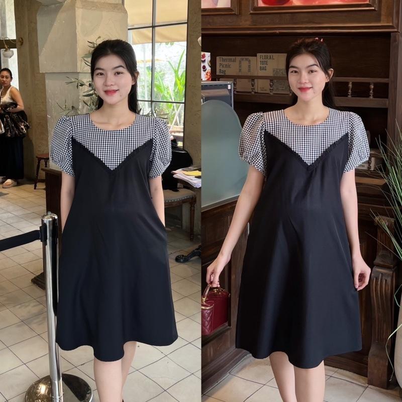 Đầm yếm bầu phối kẻ karo chất cotton lạnh mát mẻ diện đi làm, đi chơi đều xinh - Hồng