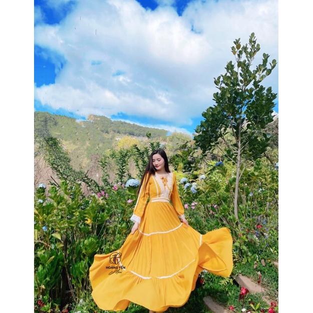 HOANGYEN - Sun Dress đầm tay dài viền ren bohemian voan vàng