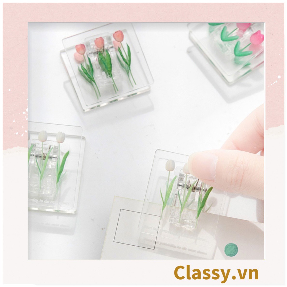 Kẹp giấy nhựa Acrylic trong suốt hoa tulips sử dụng kẹp dấu trang, kẹp giấy ,văn phòng phẩm sáng tạo tiện lợi PK937