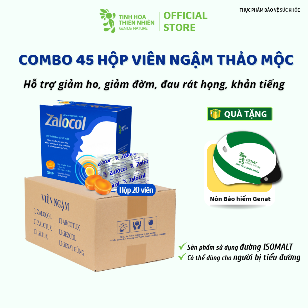 Combo 45 hộp viên ngậm ho thảo mộc Zalocol Hỗ trợ giảm đờm, giảm đau rát họng, khản tiếng do viêm họng, viêm phế quản (Hộp 20 viên) - Genat