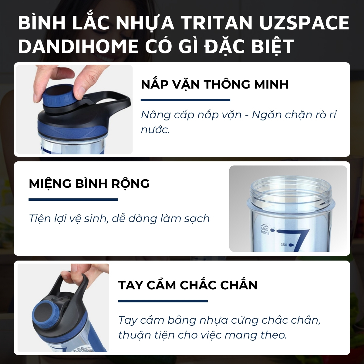 Bình lắc thể thao nhựa Tritan BPA Free DandiHome UZSPACE dung tích 500ml có khay chứa bột