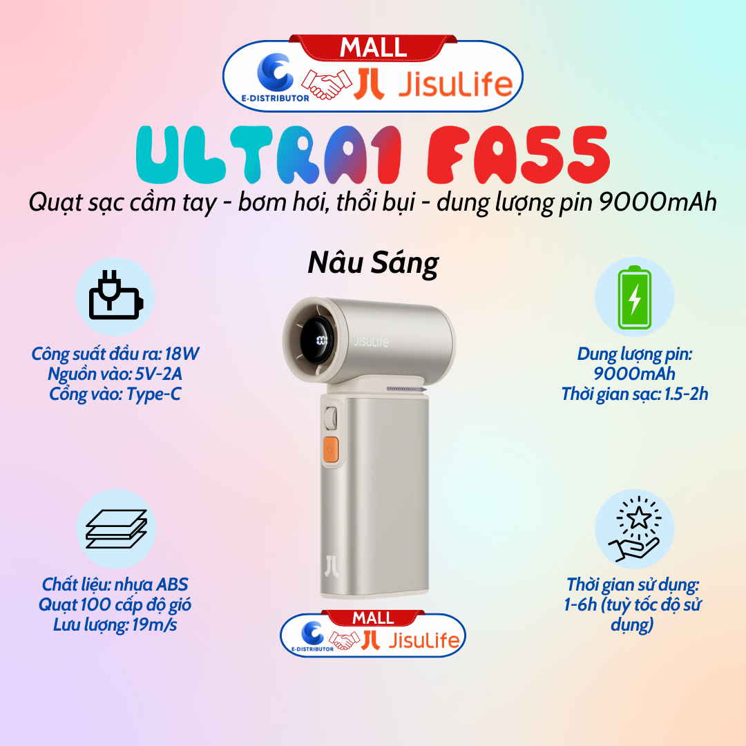 Quạt du lịch cầm tay đa năng Jisulife ULTRA1 FA55 quạt 18W, pin 6 giờ, bơm hơi, thổi bụi - Hàng chính hãng