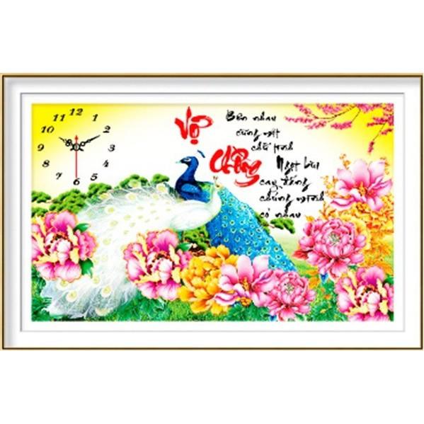 Tranh đá vợ chồng công hoa mẫu đơn đồng hồ LV122 - kích thước: 76 * 49cm.