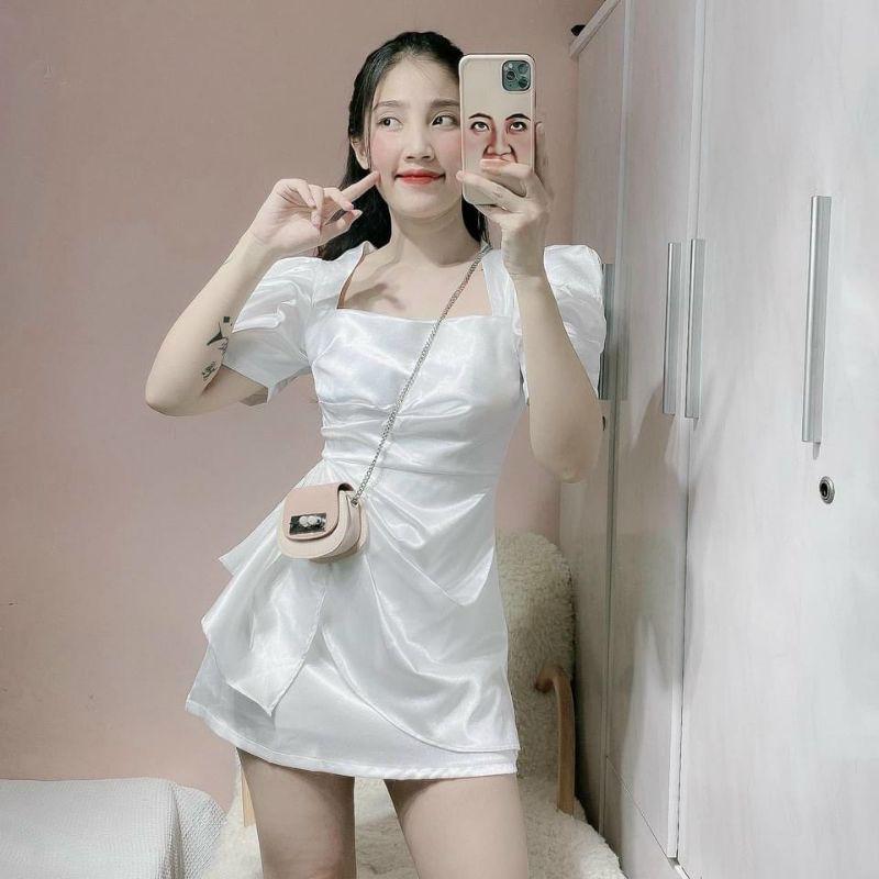 Đầm dự tiệc trắng đỏ bèo hông