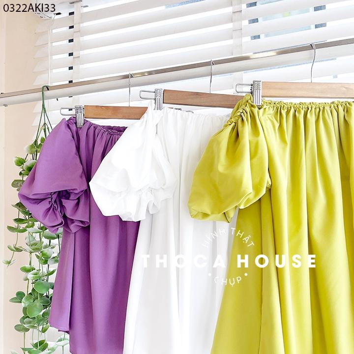 Áo kiểu nữ trễ vai tay phồng trơn trắng, tím, xanh cốm THOCA HOUSE gợi cảm, mặc đi chơi, đi du lịch