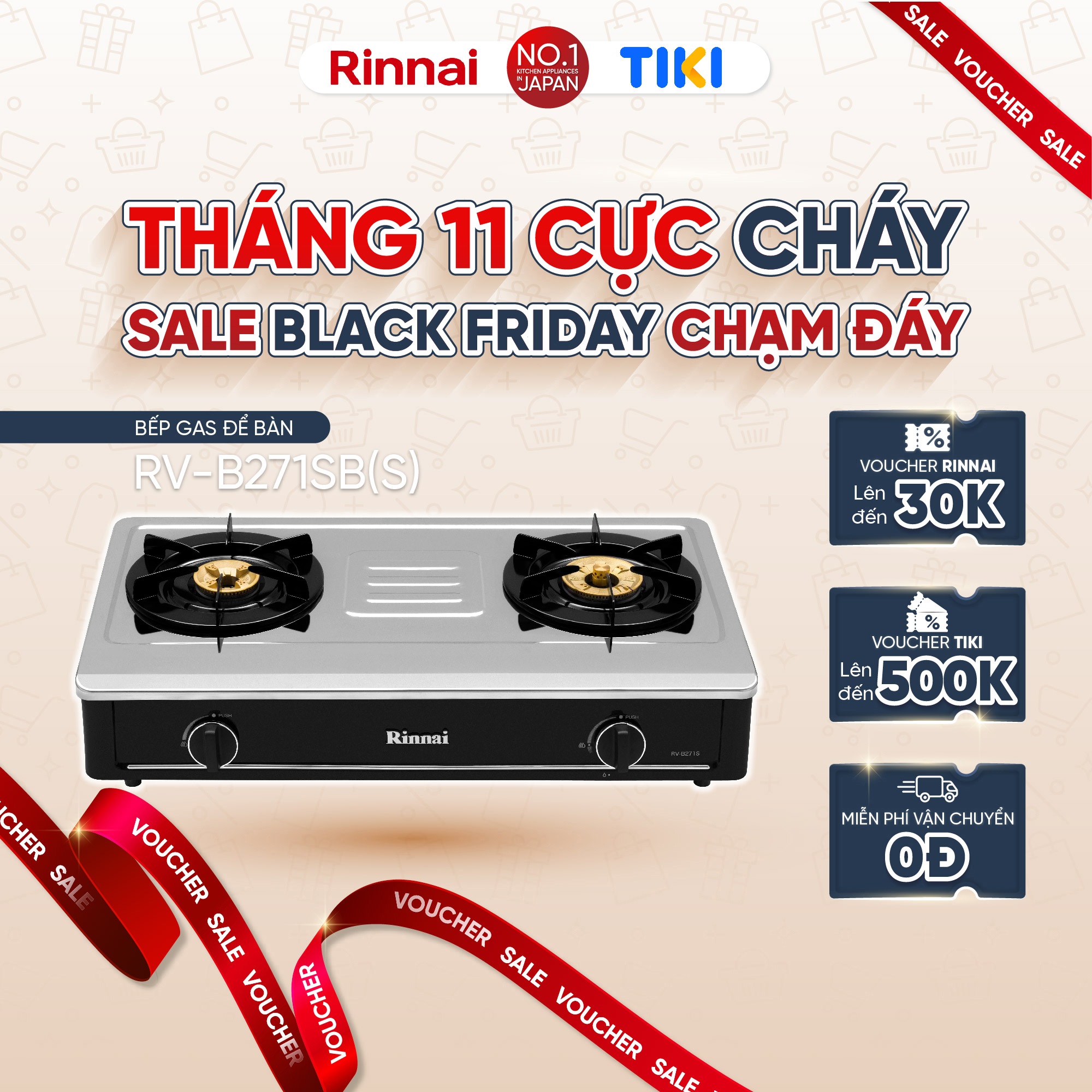 Bếp gas dương Rinnai RV-B271SB(S) mặt bếp inox và kiềng bếp men - Hàng chính hãng.