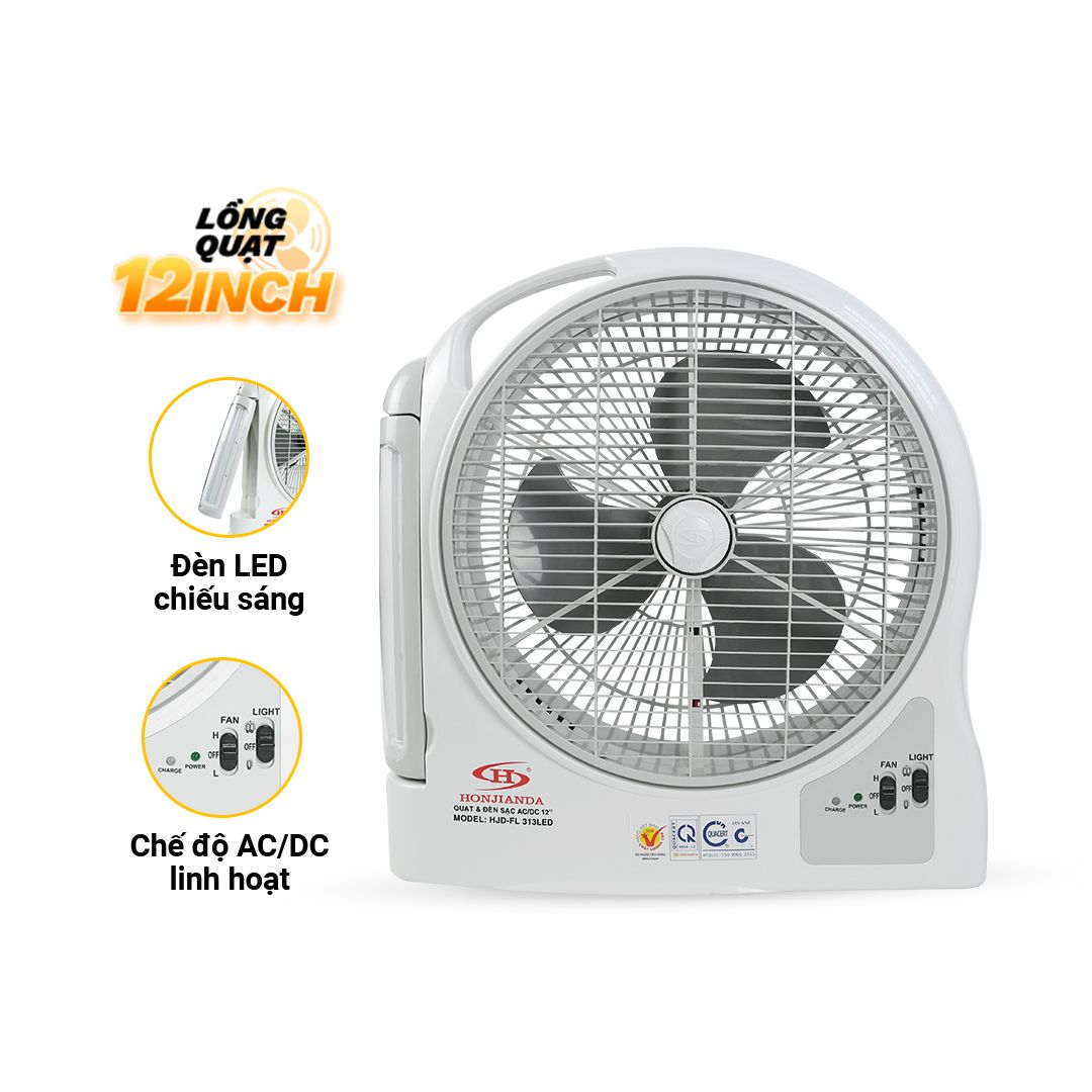 Quạt Sạc Tích Điện Dạng Hộp AC&amp;DC 12 inch Honjianda FL313 loại 2 bình có đèn LED - Hàng Chính Hãng