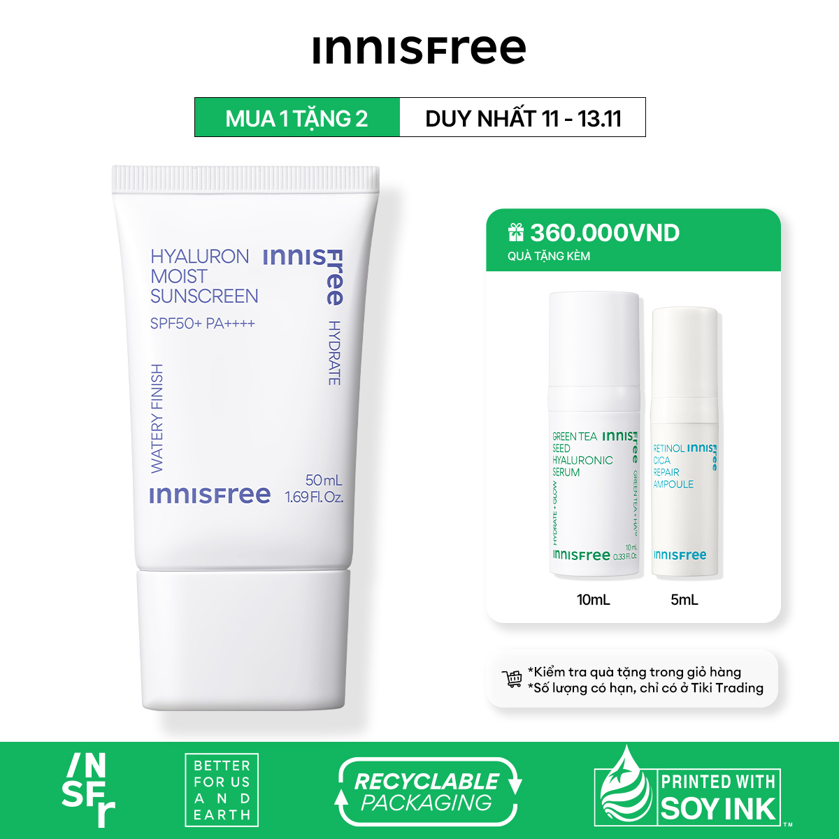 Kem chống nắng dưỡng ẩm &amp; cải thiện nếp nhăn innisfree Hyaluron Moist Sunscreen Essence Texture SPF50+ PA++++ 50 mL