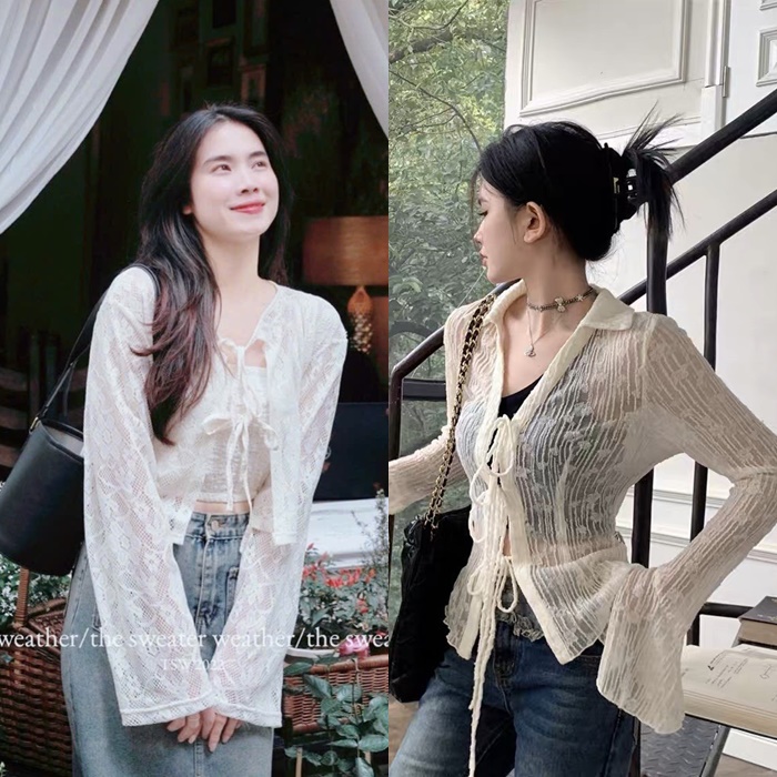 ÁO LƯỚI KIỂU CỔ SƠ MI BUỘC DÂY ÔM BODY TAY DÀI LOE + ÁO CROPTOP BRA THUN DÂY ĐEN CƠ BẢN ĐI TIỆC ĐI CHƠI DẠO PHỐ ĐI BIỂN