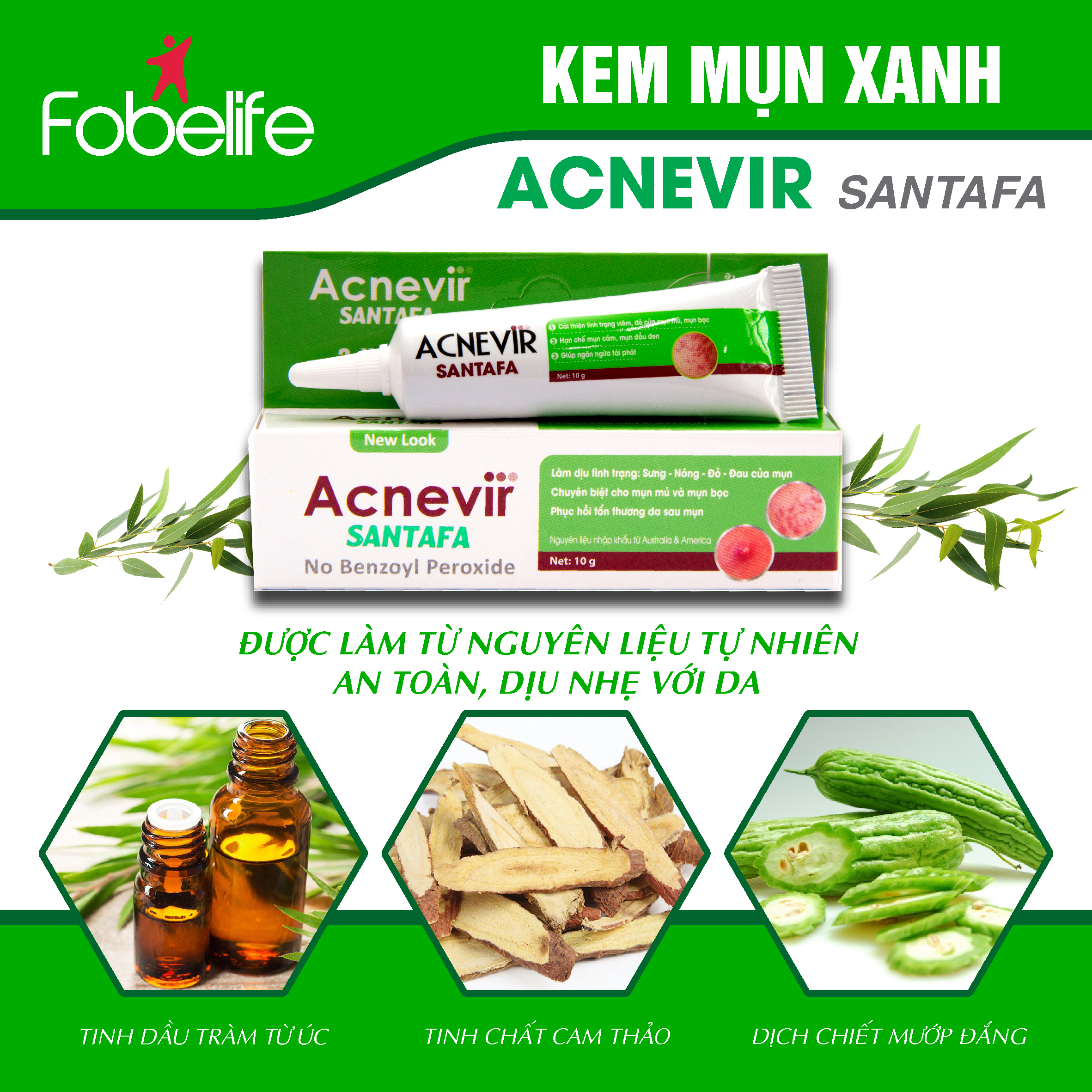 Kem Hỗ Trợ Giảm Mụn Mủ Mụn Viêm Mụn Bọc Acnevir Santafa xanh ( Tuýp 10gr )