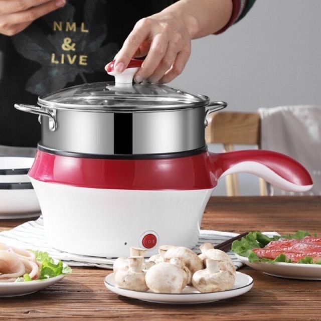 Nồi lẩu điện mini 2 tầng kèm khay hấp inox - Ca mì kiêm nồi đa năng cho học sinh, sinh viên, dân văn phòng thiết kế lòng nồi chống dính dễ dàng dùng cho mọi món ăn