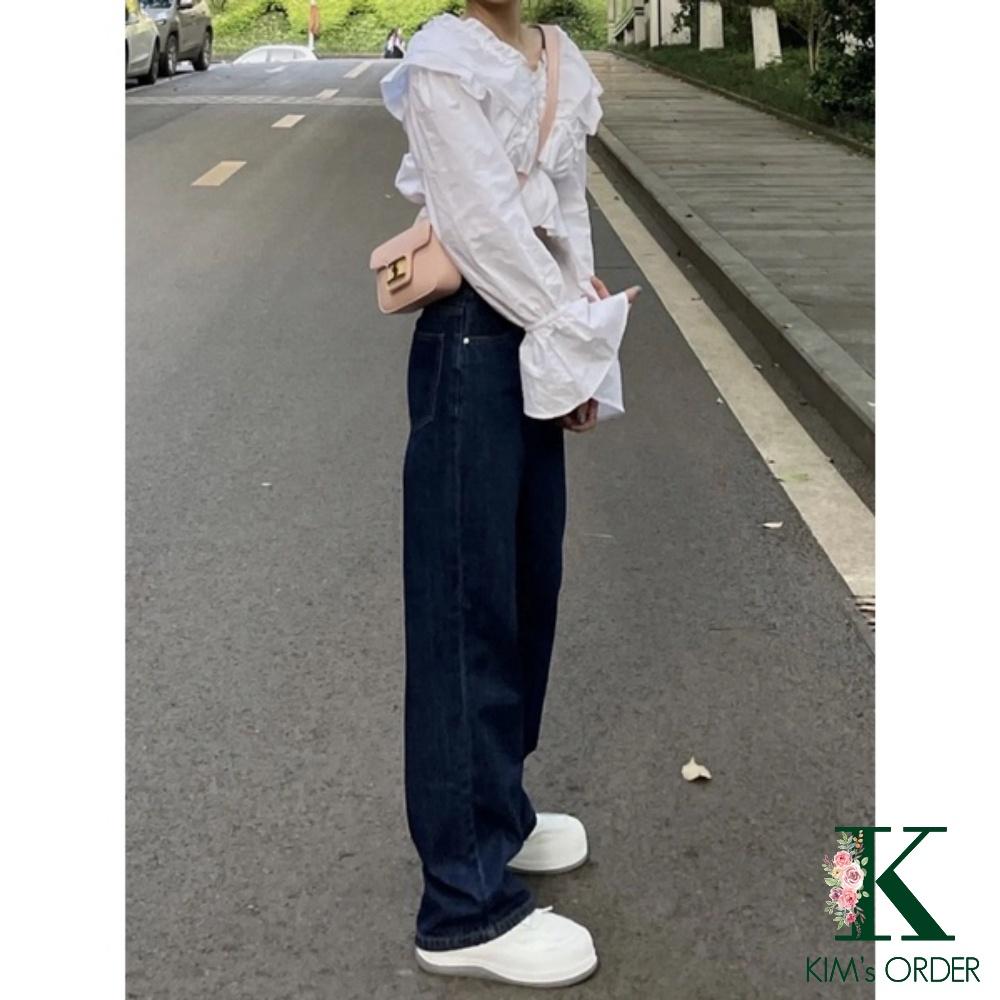 Quần Jean Nữ Màu Xanh Than Đậm Ống Suông Phom Rộng Dài Lưng Cạp Cao Phong Cách Ulzzang Hàn Quốc Cá Tính Báic Năng Động