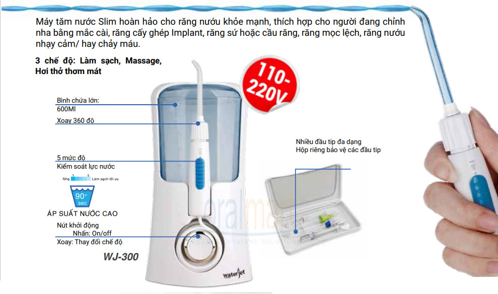 Máy tăm nước cá nhân WaterJet Flosser Slim (4 đầu tăm, dùng được cho người niềng răng, có đầu cạo lưỡi)