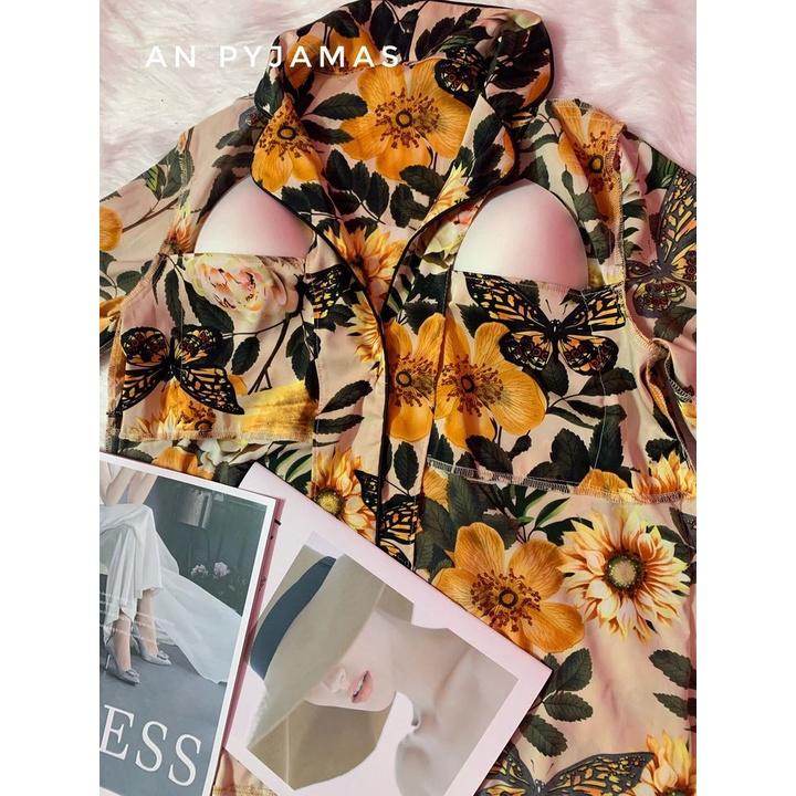 SET PYJAMA HỌA TIẾT HOA NÂU LỤA SATIN CAO CẤP F1PYS003A