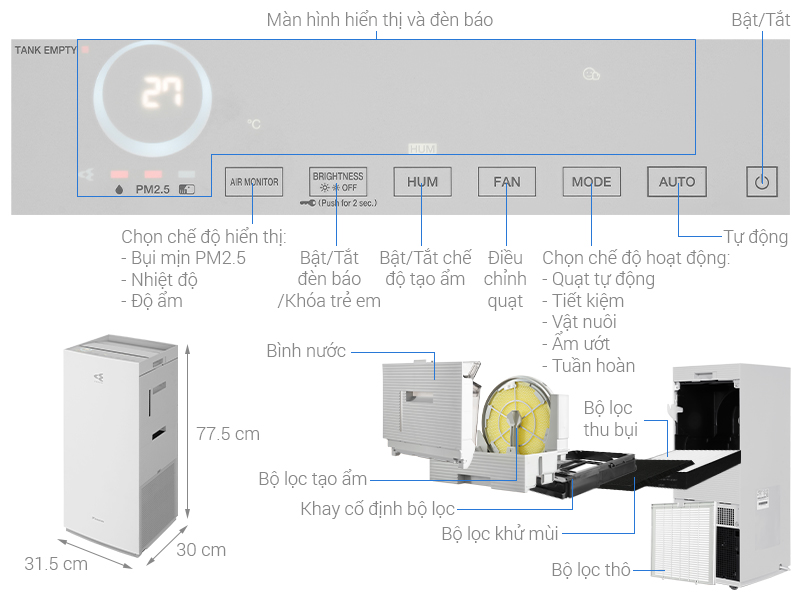 Máy lọc không khí Daikin MCK70ZVM7-W (48m²) | Máy tạo ẩm và lọc không khí MCK70ZVM7 | Công nghệ Streamer và Ion Plasma | Hàng Chính Hãng