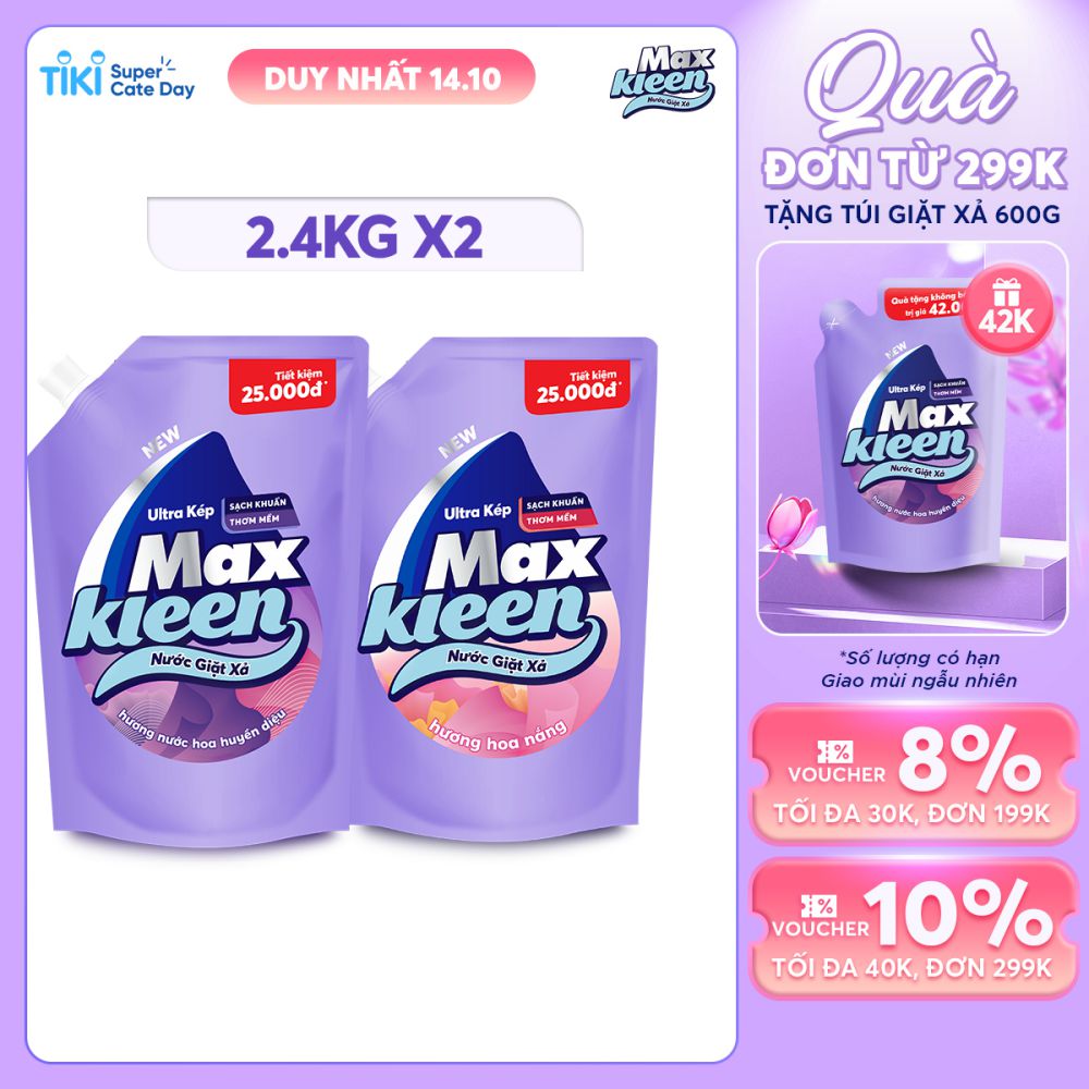 Combo 2 Túi Nước Giặt Xả Maxkleen: 1 Hương Nước Hoa Huyền Diệu (2.4kg) + 1 Hương Hoa Nắng (2.4kg)