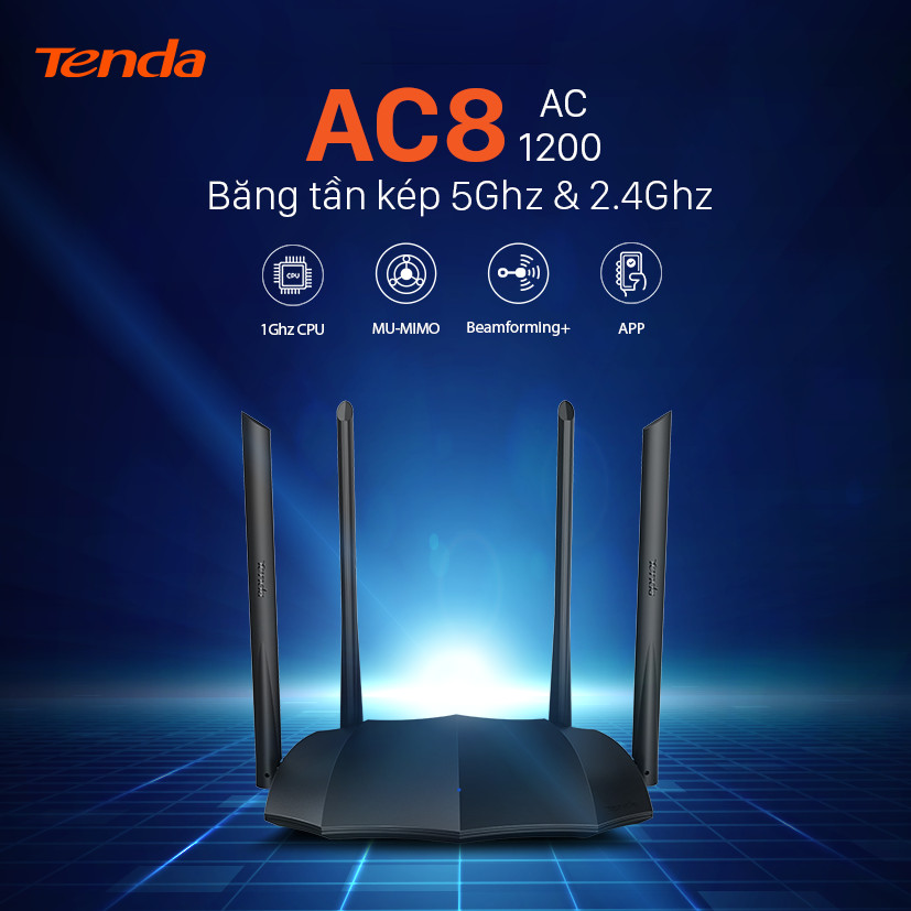 Thiết bị phát Wifi Tenda AC8 Chuẩn AC 1200Mbps - Hàng Chính Hãng