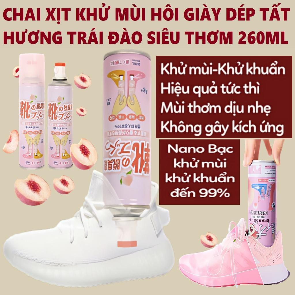 Chai Xịt Khử Mùi Giày Dép Tất Hương Đào Siêu Thơm 260ml Công Nghệ Nano Bạc - Hương Thơm Đào Tuyệt Vời, Màu Hồng Tinh Tế