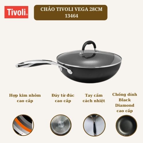 Chảo chống dính sâu lòng bếp từ nhập khẩu cao cấp cao cấp TIVOLI VEGA, Sử dụng bếp từ, nắp kính cường lực, Tiêu Chuẩn Châu Âu
