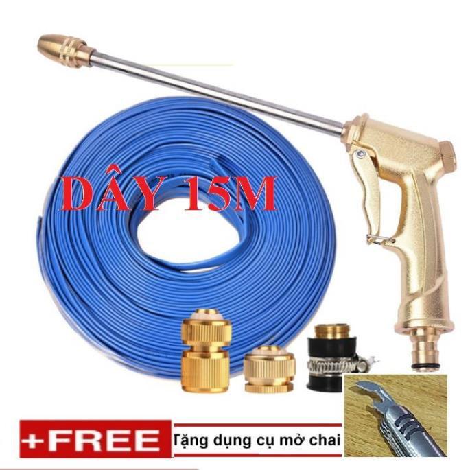 ️ Bộ dây vòi xịt nước rửa xe, tưới cây . tăng áp 3 lần, loại 15m 206701-3 đầu đồng,cút đồng+ tặng mở chai