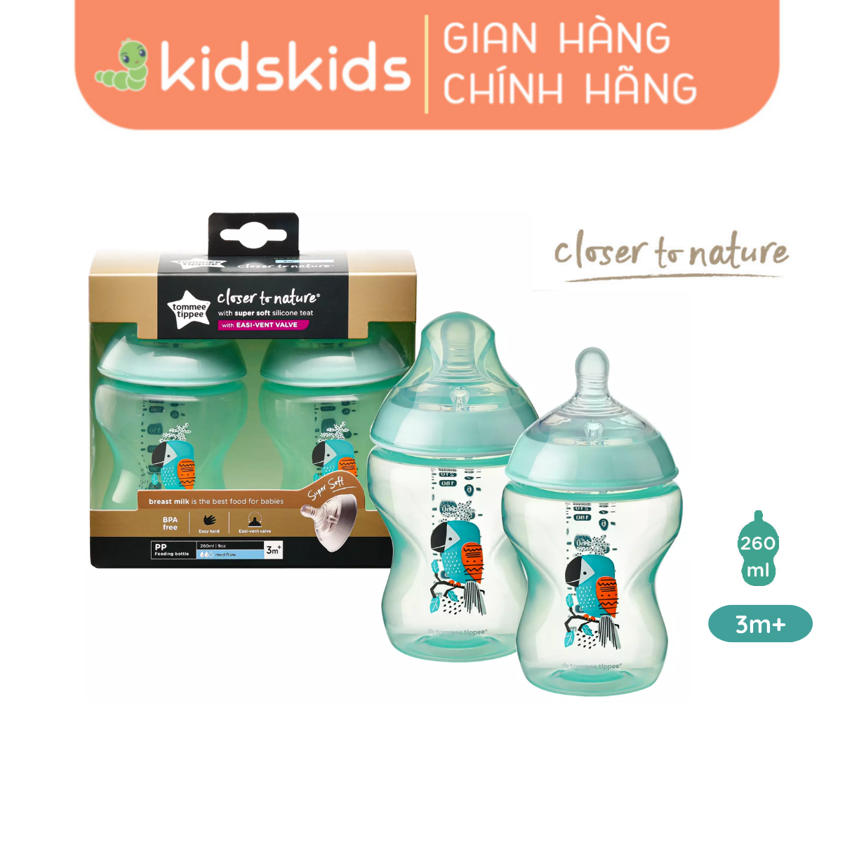 Bình sữa ty siêu mềm tự nhiên Tommee Tippee Closer to Nature 260ml, núm ty đi kèm 3-6 tháng – Xanh ngọc (Bình đôi)