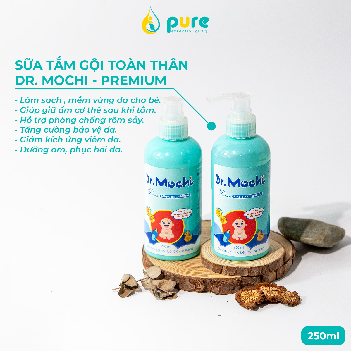 Sữa tắm gội toàn thân thảo dược cao cấp Dr. Mochi Premium 250ml - ngừa rôm sẩy, mẩn ngứa - dưỡng da mềm mịn cho bé