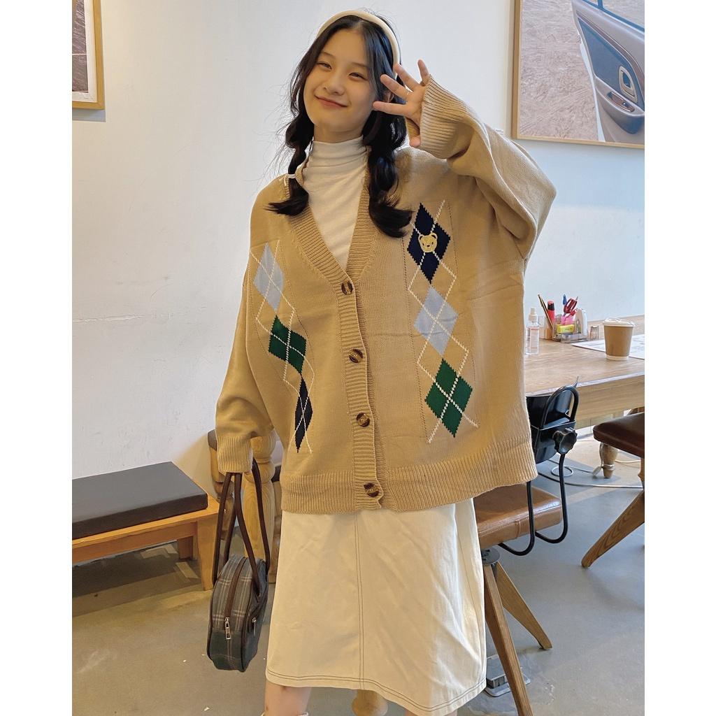 Áo khoác Cardigan len hoạ tiết trám hình gấu form rộng ulzzang - Made by Fiin