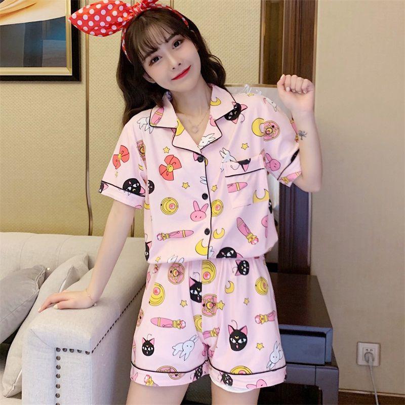 Bộ Quần Áo Ngủ Tay Ngắn Dáng Rộng In Hình Xinh Xắn Hợp Thời Trang Hè Cho Bạn Gái