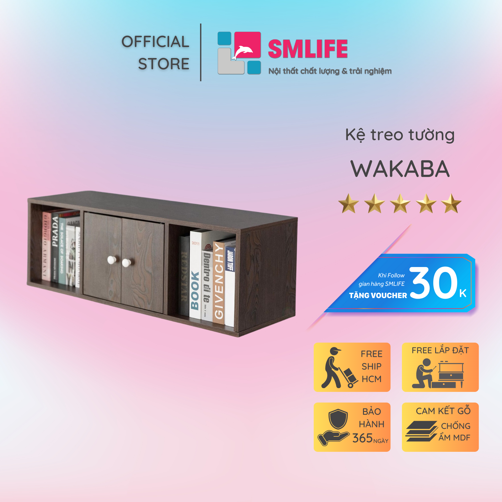 Kệ gỗ treo tường trang trí hiện đại SMLIFE Wakaba  | Gỗ MDF dày 17mm chống ẩm | D90xR30xC35cm