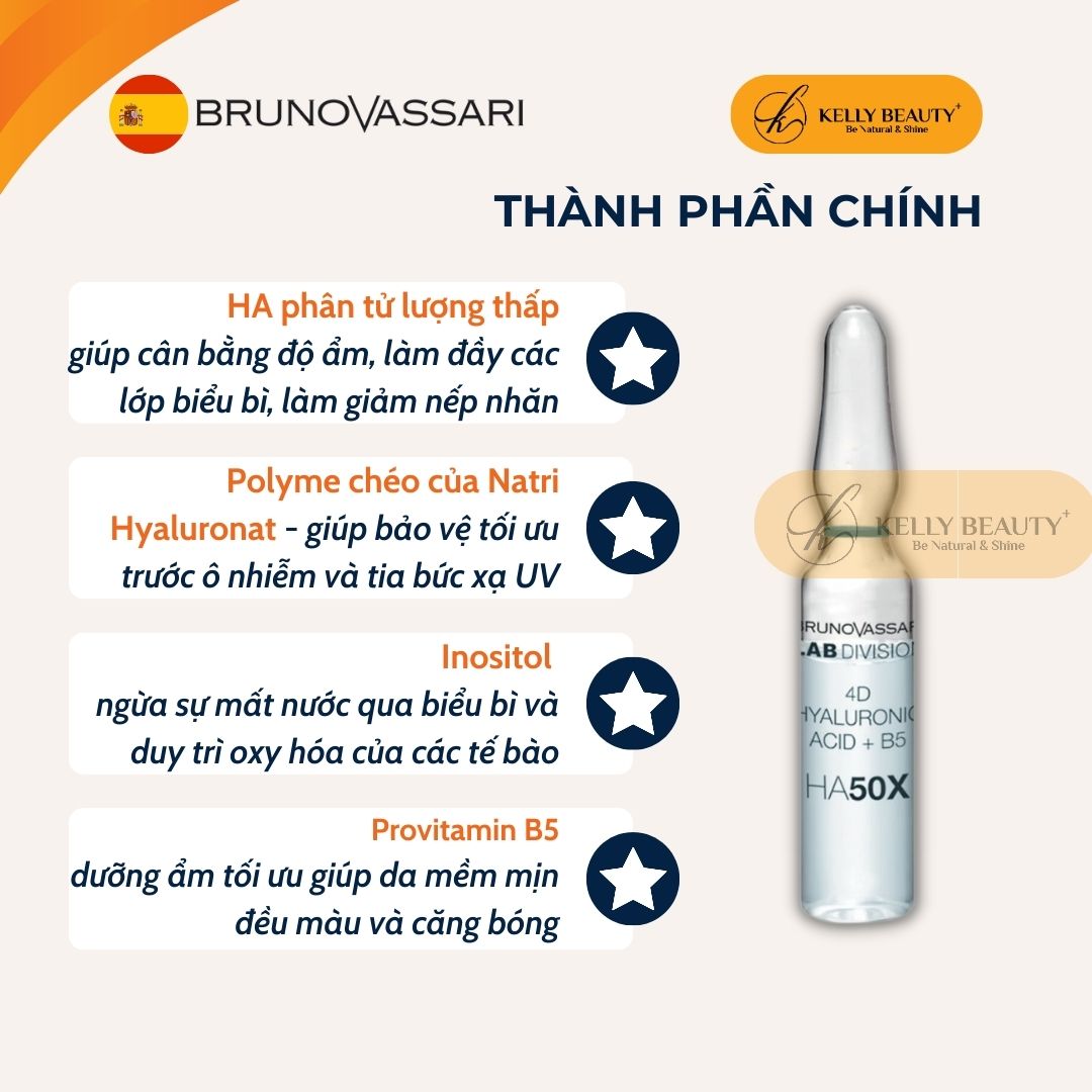 Huyết Thanh Căng Bóng Da Bruno Vassari HA50X 4D Hyaluronic Acid + B5 - Cấp Ẩm Đa Tầng, Săn Chắc Da - Kelly Beauty