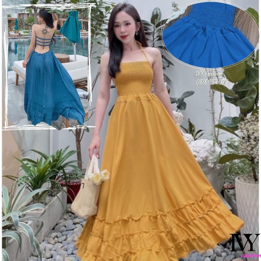 Đầm váy Maxi Bèo Hở Lưng chất đũi vàng xanh xoè dài đi biển dự tiệc dạo phố bigsize gợi cảm sexy