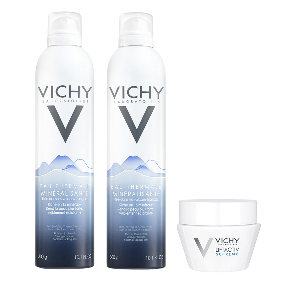 Bộ 2 Nước Khoáng Dưỡng Da Vichy Mineralizing Thermal Water (300ml / Chai) Và Kem Dưỡng Chống Nhăn &amp; Làm Săn Chắc Da Ban Đêm (15ml)