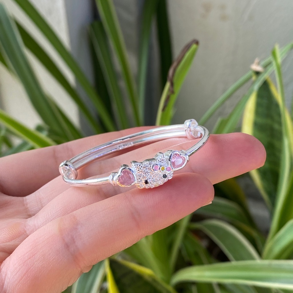 Lắc Tay, Vòng Tay Cho Bé Bạc Ta Nguyên Chất S99 Mèo Kitty Hồng Xinh Chính Hãng Bạc Hiểu Minh LTE555