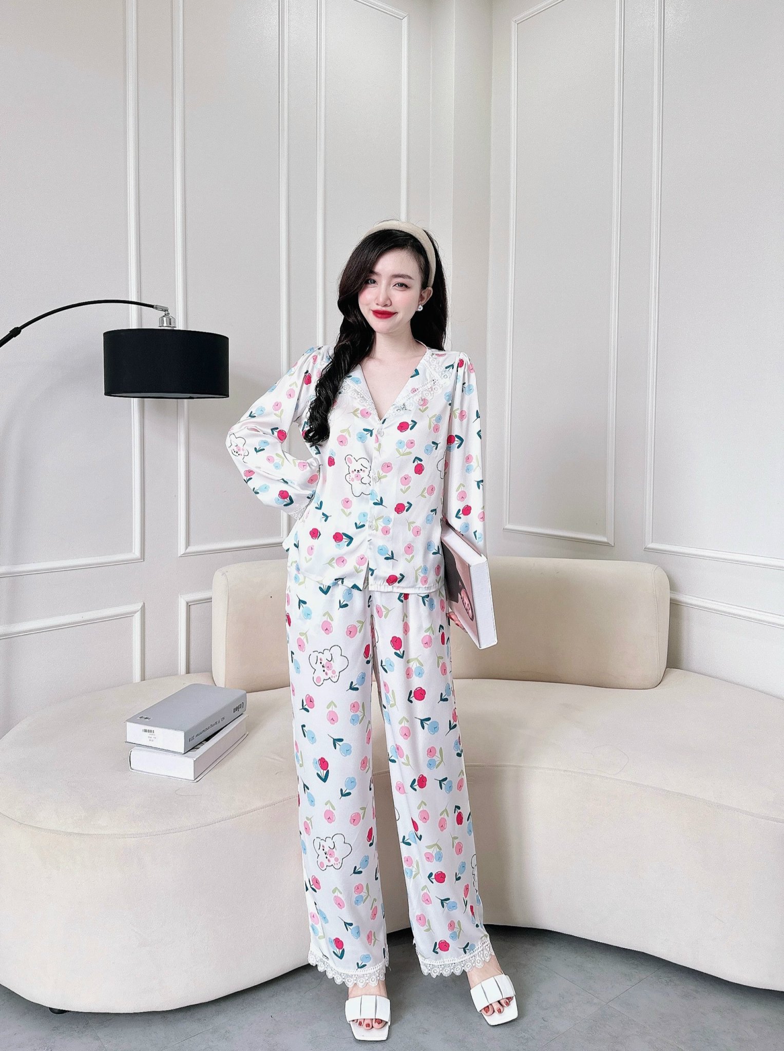 Bộ pyjama nữ lụa min phối ren siêu sang tay dài quần dài size M