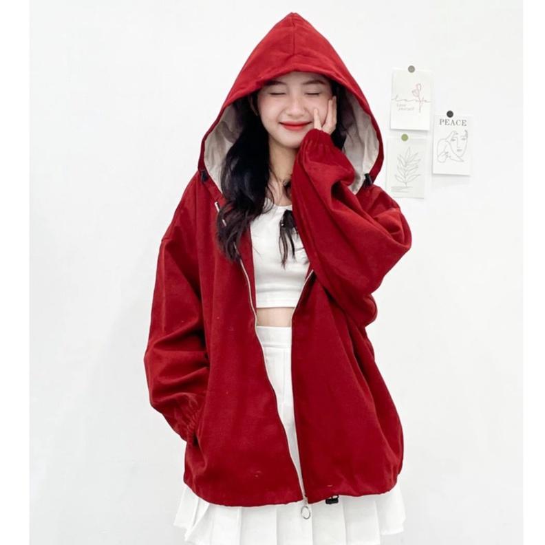 Áo khoác nữ Fmstyle form rộng chống nắng 2 lớp có mũ chất nhung kaki phong cách ulzzang thời trang Hàn Quốc 206240053