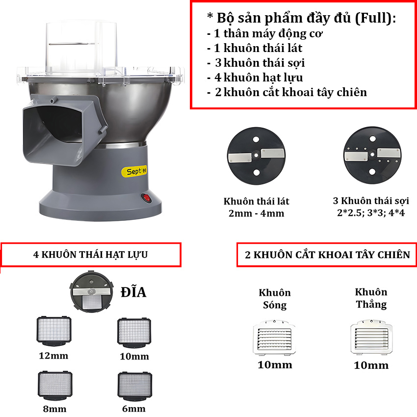 Máy thái rau củ quả công nghiệp đa năng, thái lát, thái sợi, thái hạt lựu, cắt khoai tây chiên. Thương hiệu Mỹ cao cấp Septree - M1. Hàng chính hãng