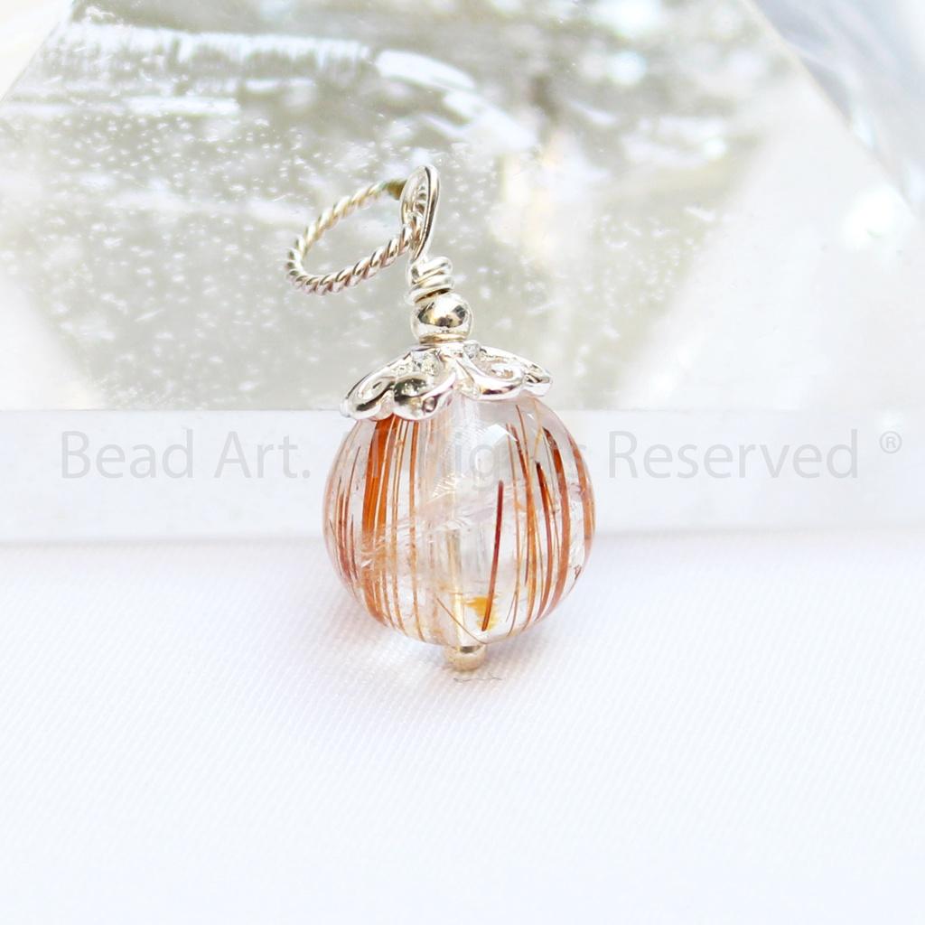 Mặt Dây Chuyền Thạch Anh Tóc Nâu 9mm Loại AA Và Bạc 925, Trang Sức Đá Phong Thuỷ, Thổ, Kim - Bead Art