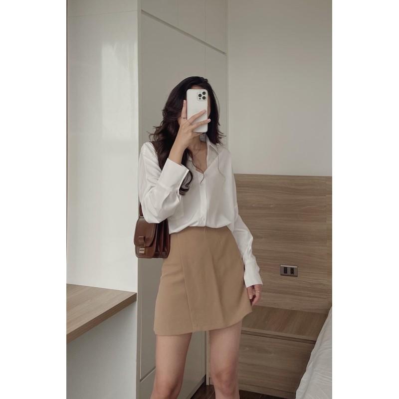 Áo Sơ Mi Form Rộng Lụa Tăm Cổ Đức Dáng Lệch Tà
