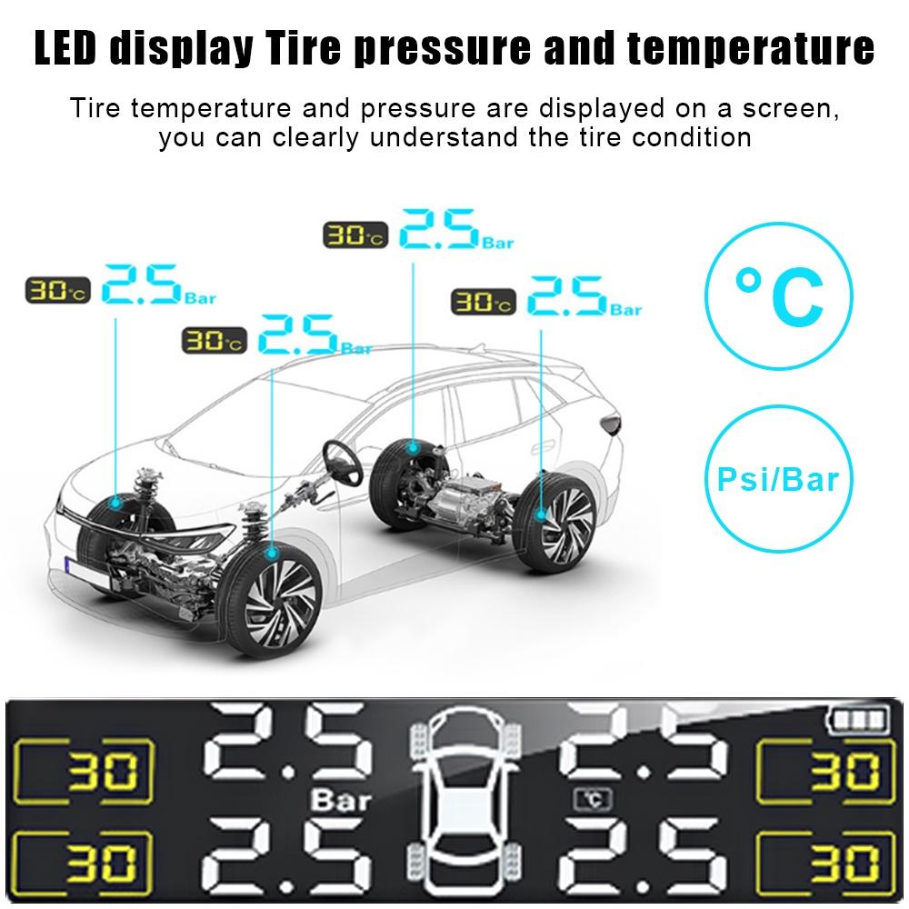 Màn hình LCD kỹ thuật số USB cảnh báo an ninh tự động TPMS với 4 cảm biến/thời gian/áp suất lốp/năng lượng mặt trời
