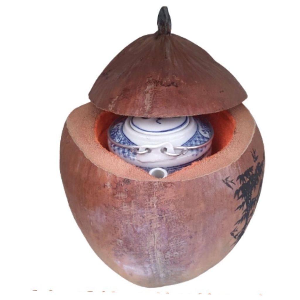Bình Giữ Ấm Trà Trái Dừa Hoa Văn Lồng Chữ Thọ Và Bình Trà 400 - 950ml - Sản Phẩm Được Sản Xuất Tại Bến Tre
